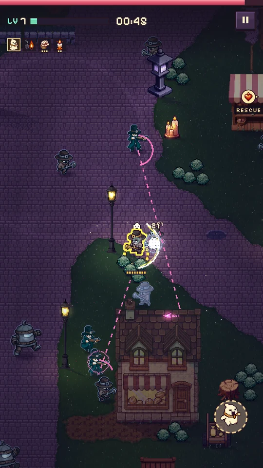 The Lodger, in a hunter's body, swings at an attacker while crossbow hunters take aim from two sides.