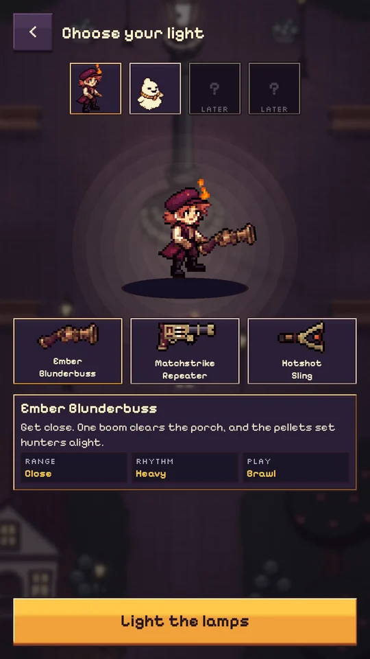 Weapon select: the Matchkeeper holding the Ember Blunderbuss, with the Matchstrike Repeater and Hotshot Sling beside it.