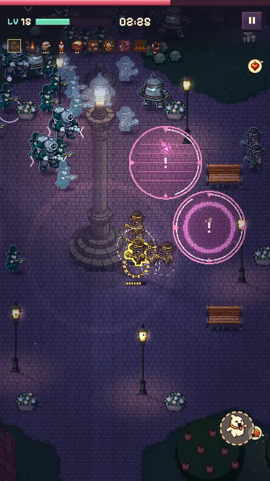 A crowd of hunters closes in on the lamp plaza while pink rings mark incoming attacks.