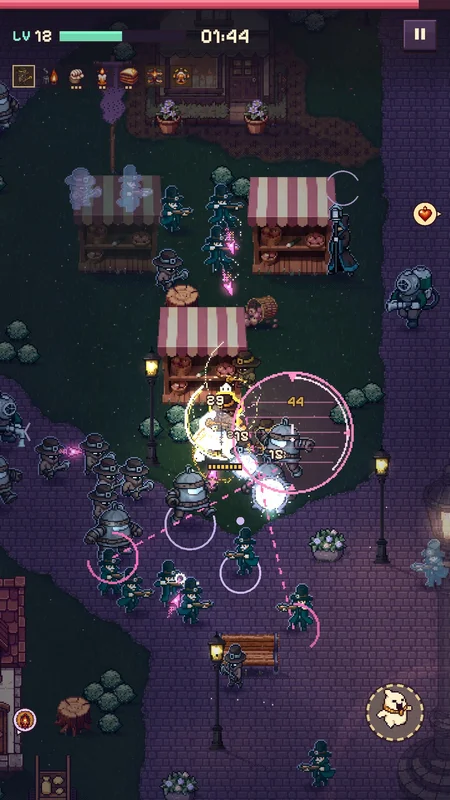 Gameplay: the Lodger, wearing a hunter's body, fights a crowd of hunters around the market stalls.